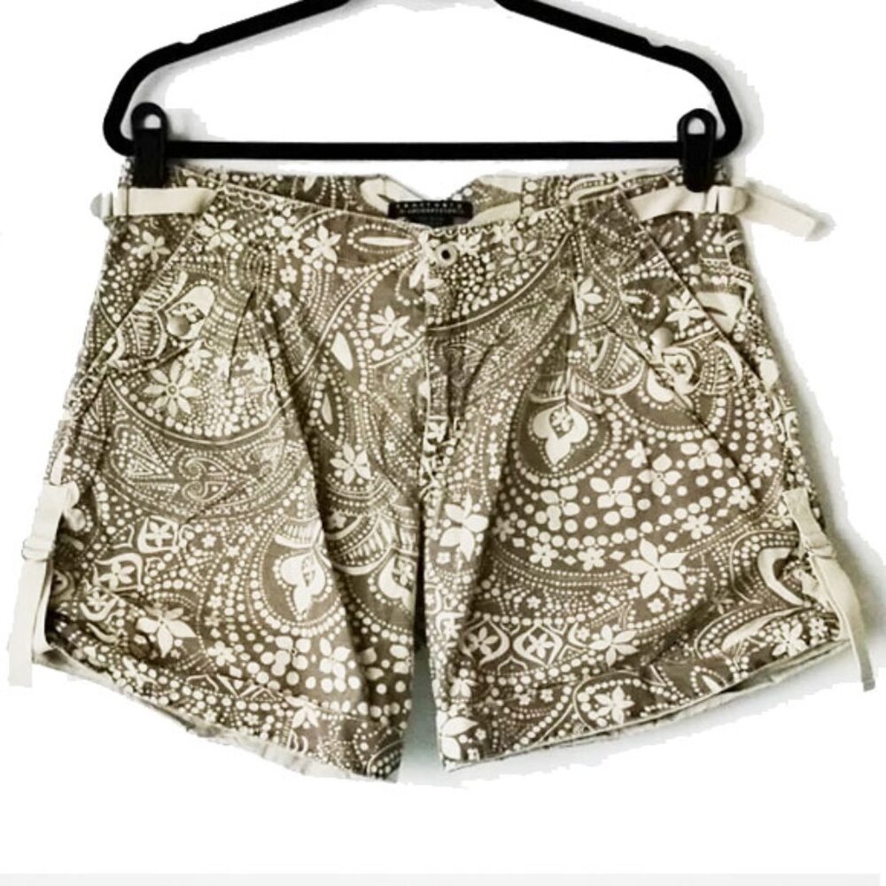 Sanctuary X Anthropologie Cotton Pleated Roll Up 8" Shorts M Khaki Paisley